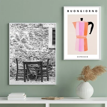 Модерен кафе плакат, щампи време Buongiorno Еспресо, Еклектична Цветна художествена картина върху платно, Подарък за нов дом, боядисани стени кухни