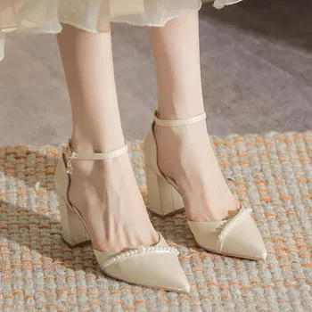 Бродирани с мъниста Пролетни Дамски обувки на висок ток 2024 г. Нови Елегантни Вечерни обувки с остър пръсти Модни дамски обувки-лодка Zapatos за пеша на масивна ток