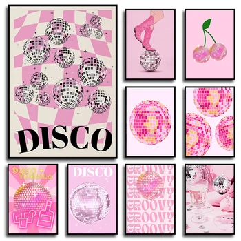 Розово диско топка, дансинг, Дискотека, модерен плакат, щампи, Ретро Стенно изкуство, живопис върху платно за дома в клубния бар
