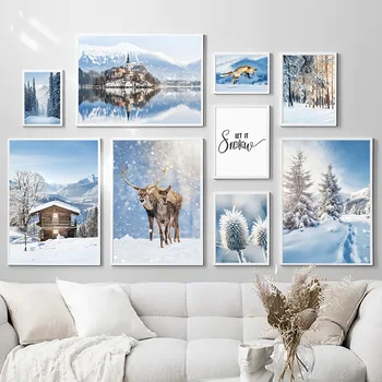Зимата сняг борова гора елен заключване хижа стенно изкуство платно живопис плакати на скандинавскую тема и щампи стенни картини за вашия интериор дневна