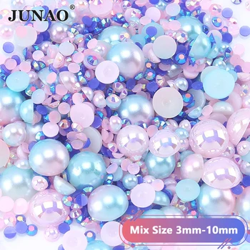 JUNAO 3 мм-10 мм Разход размер Розов, син Цвят ABS Пластмасови мъниста от Планински кристал Flatback с полукръгла Перла лепило за декориране САМ Занаятите