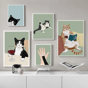 Забавни щампи за четене, Смокинг, вино, плакат оборудвани с котка чат, живопис върху платно, любител на котки, стенни рисунки за всекидневна, кухня, домашен декор.