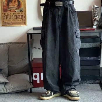 Широки дънкови панталони Мъжки дънкови панталони на Черни широки панталони Мъжки дънки Карго Оверсайз Корея градинска облекло в стил хип-хоп харадзюку