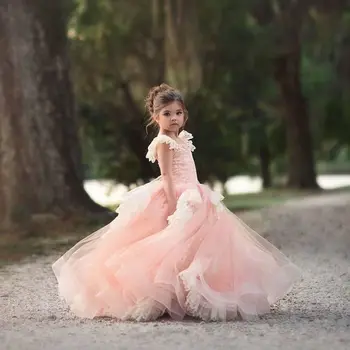 Розови рокли с цветя модел за момичета на сватба, многослоен тюл, дантела и апликации, детско елегантна бална рокля за Първо причастие