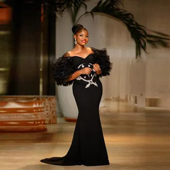 KSDN/ Черни вечерни рокли с пищни ръкави във формата на сърце, с къси ръкави, с влак, с аппликацией, Секси рокля за бала, жената 2023 г.