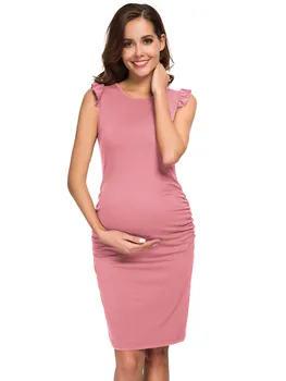 Женствена рокля за бременни с рюшами от двете страни, midi дебнещ рокля за бременни
