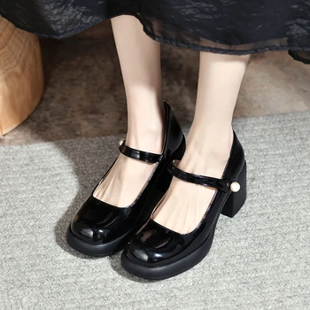 Дамски обувки Mary Jane; сезон пролет-есен 2023; нови модни универсални тънки обувки в стил ретро с високи токчета с кръгла пръсти в западен стил