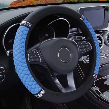 За 38-37 см Калъф на волана Черно + синьо автомобили диамантена Гума кожена Универсален 1 бр. Противоскользящий Авто Високо качество