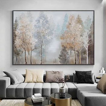 Абстрактни есенни дървета Живопис с маслени бои, 100% ръчно рисувани върху платно, модерен пейзаж, стенно изображение на растения за декорация на дома