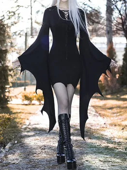 Ретро-готическа Черна рокля с висока талия, Ретро Естетичен ръкав 