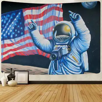 Simsant Space Астронавт на Луната Гоблен Американски Флаг Стенни Гоблени за Хола Спалнята на Общежитието Домашно Одеяло Декор