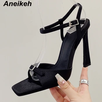 Aneikeh Модни дамски сандали с блестящи кристали и високо качество на хрусталем, тясна лента, квадратен чорап, обувки на висок ток, вечерни обувки за бала