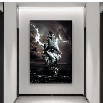 Пиратски кораб в морето, живопис върху платно, черна плаване с лодка, Реколта плакати и щампи, стенни пана с участието на кораби за декор за хола Quadro