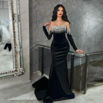 Луксозно Дамско вечерна рокля Русалка с дълъг ръкав и по-отворени рамене, расшитое черни мъниста, Елегантна Рокля за сватба, рожден Ден, абитуриентски бал 2024 година.