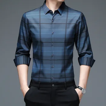 2023 Нов пролетния моден тренд Прост карирани яка Поло, бизнес професионална риза с дълъг ръкав, мъжки ежедневни удобна риза