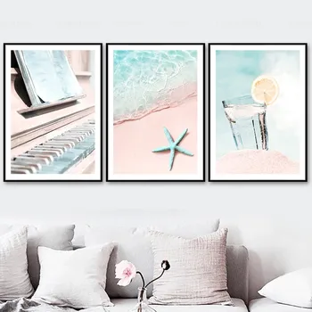 Картина върху платно Розови плажни вълни Поничка с цветен сок Стената плакати на скандинавскую тема и щампи Стенни картини за вашия интериор на хола, без рамка