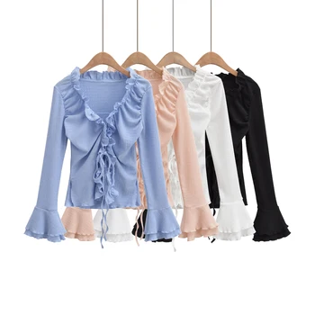 Бял съкратен топ, дамски топ с дълъг ръкав, блузи с v-образно деколте и рюшами, дамски есенна мода 2023 година, в началото на с изгорени ръкави и рюшами, черен