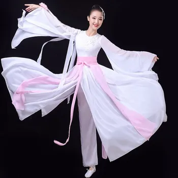 Бял Китайски Фен Танцов Костюм Доброто Древна Класически Дрехи За Жени Народен Танц Ханьфу Cosplay