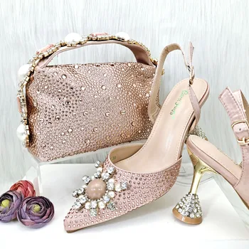 показване на модни дамски обувки в италиански стил, в комплект с чанти в тон 2023 г., нигерийски обувки и набор от чанти! HGO1-35
