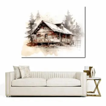 Картина върху платно, проста дървена къща, сценарий, печат, Пост-картина в рамка за украса на офис стая