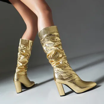 Дамски ботуши над коляното, сабо на платформата, Луксозен дизайнерски дамски обувки над коляното от каучук, модни дамски обувки на висок ток среден размер, с по-Големи размери