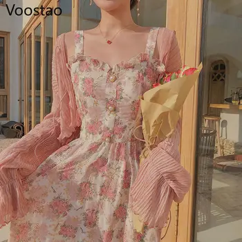 Лятото Френското рокля Сладък Фея, Секси Елегантна Вечерна рокля с жемчужными бутони, цветен принтом и накъдрен, Женски Корейски рокли-слинги Kawaii