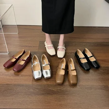 2023 Г., Дамски обувки Mary Jane, на равна подметка в Корейски стил с квадратни пръсти в Ретро стил, Фини обувки-балет апартаменти Mujer