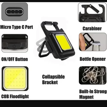 10ШТ Мини led фенерче 1800LM Ключодържател Мултифункционален Преносим COB Туристически лампи USB Зареждане Работни Светлини Риболов Lanterna