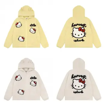 Аниме Рисунка на Sanrio Hello Kitty Женски Вълнен Сгъсти Топ Y2K Есен Зима Нов Модната Марка Свободна Ежедневни Яке Подарък