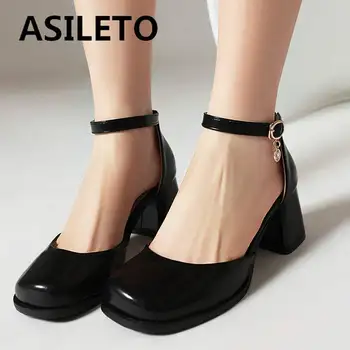 ASILETO Дизайнерски дамски обувки-лодка с квадратни пръсти на блок ток 6 см, с каишка и катарама, Пикантен дамски обувки за срещи, обикновена, по-Големи размери от 40 41 42 43 S4956