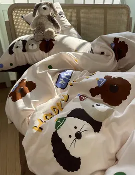 Модерен сладък комплект постелки с анимационни куче за момче-юноша, близнак, пълна кралица памук, прекрасен домашен текстил, чаршаф, калъфка за възглавница, чаршаф