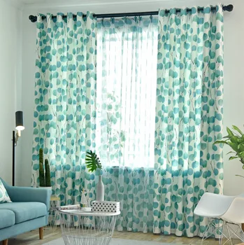 Американски зелено-сини завеси с листа за хола Спални, готови пердета от тюл на прозореца в селски винтидж стил