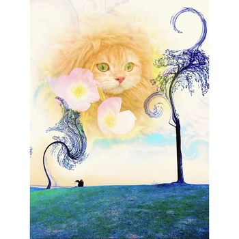 котка диамантена живопис кръгла брилянтен квадратен диамант арт летяща котка небесно дърво, цвете за украса на подарък