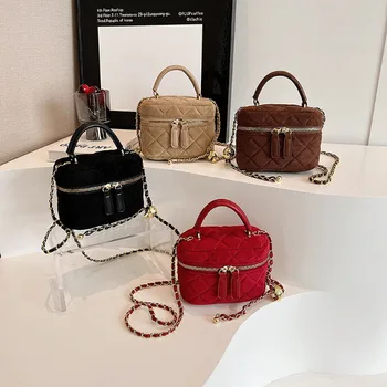 Мини-верига от изкуствен велур, малка квадратна чанта, модерен дизайн, Червен текстура, лесна чанта през рамо, Корея, Малка чанта с аромат на Вятъра