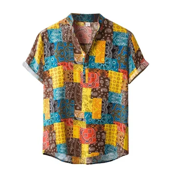 Мъжка лятна хавайска риза, ежедневни многоцветни квадратни наметала с 3D принтом, ризи Оверсайз, градинска блуза за почивка на плажа с къс ръкав