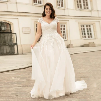 Сватбена рокля Голям размер 2022 С Къс ръкав И V-образно деколте, Трапецовидна форма В стил Бохо, Сватбената рокля дантела Отзад, Vestido De Noiva, Корсетные Шаферски Рокли