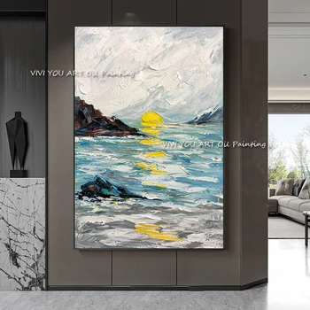 Модерна живопис с маслени бои с абстрактно океански на залеза голям размер, синьо платно, 100% Стенно изкуство, ръчен труд за хола, подарък, за декорация на дома