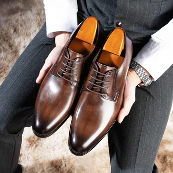 Класически мъжки модела обувки в италиански стил, луксозни кожени oxfords дантела, черно-кафяви бизнес офис сватбени обувки за мъже