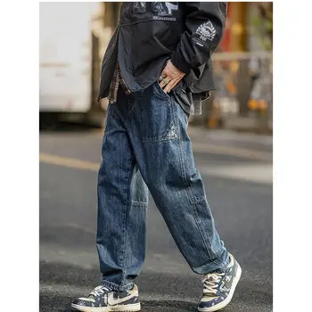 Мъжки дънки, широки дънкови панталони-карго, преки свободни широки мъжки дънки, градинска облекло в стил хип-хоп, неутрални дънкови панталони за скейтборд