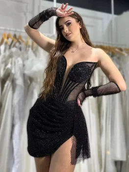 Секси вечерна рокля, елегантно луксозно черно дебнещ мини рокля без презрамки, с дълбоко V-образно деколте, расшитое пайети, с дълги ръкавици, вечерни рокли