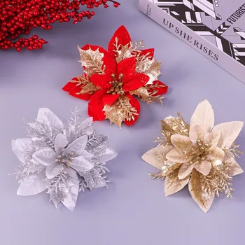 Коледни блестящи изкуствени цветя, Цветя от коприна изкуствени цветя, с клип за Коледно Висящи украшения Коледен подарък Начало декор