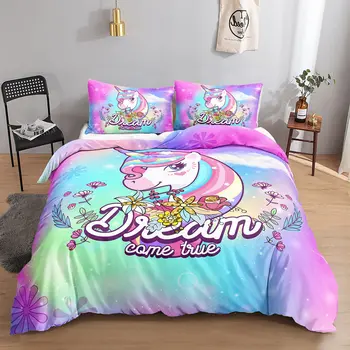 Rainbow Unicorn Спално бельо Подарък за момичета Лилав чаршаф, Сънят със сладък принтом Комплект спално бельо с мультяшными животни Декорация на дома