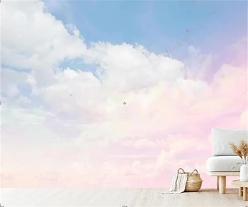 Абстрактното цветно синьо небе, бели облаци, розови облаци, 3D стенописи за детска стая по поръчка, самозалепващи се тапети