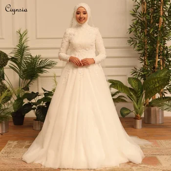 Ciynsia. → Мюсюлманската Сватбена Рокля за Булката 2024 Апликация на Цветя Арабски Дубай Сватбена Рокля С Дълъг Ръкав Тюл Vestidos De Новия
