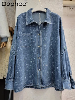 Деним яке за жени с топла обработка 2023, есен-зима, ново модно универсално джинсовое палто със средна дължина, с дълъг ръкав, жилетка