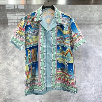Лятна плажна риза с контрастен цветен модел в стил хип-хоп Harajuku, ежедневни риза за тропическа почивка, мъжки Хавайска риза, Градинска облекло