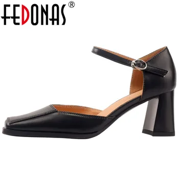 FEDONAS / 2023, Модерно Ново записване, Дамски обувки-лодки, Пролет-лято, на Офис парти, Дамски обувки от естествена кожа с квадратни пръсти на дебел висок ток