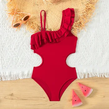 Едно парче бански за момичета червен цвят, ретро стил за деца на възраст 5-14 години, бански костюми, с къдри, плажно облекло