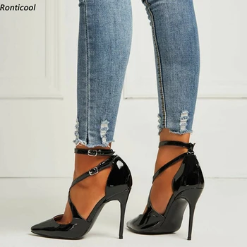 Ronticool Настройва дамски обувки-ръчно изработени лодки с джапанки от лачена кожа на висок ток с остър пръсти, черни вечерни обувки размер Плюс САЩ 5-15