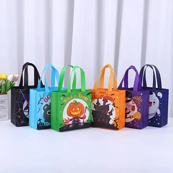 4 бр. Нетканая чанта за Хелоуин, cartoony призрак вещици, торбичка с шарени тиква, сгъваема чанта за закуски, чанта за 